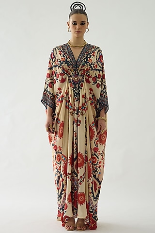 Rust Silk Printed Kaftan by Rajdeep Ranawat