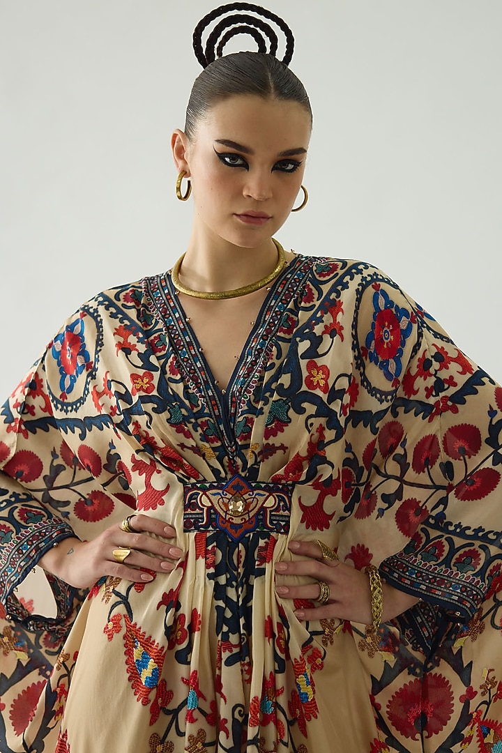 Rust Silk Printed Kaftan by Rajdeep Ranawat at Pernia's Pop Up Shop