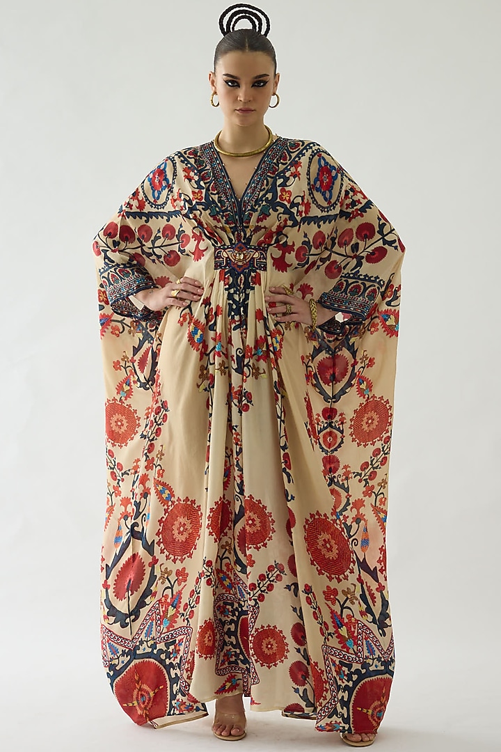 Rust Silk Printed Kaftan by Rajdeep Ranawat at Pernia's Pop Up Shop