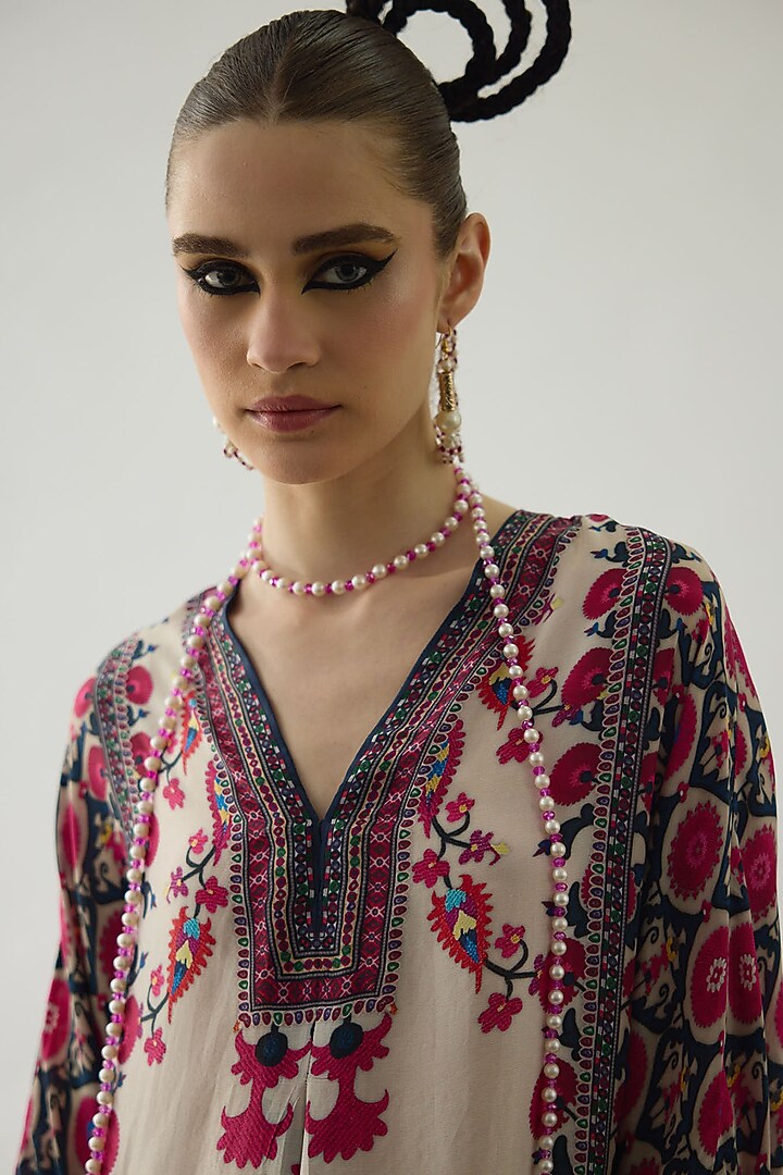 Raspberry Silk Printed Kimono Tunic Set by Rajdeep Ranawat at Pernia's Pop Up Shop