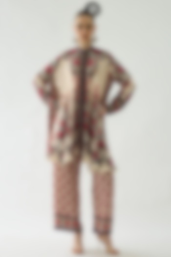 Maroon Silk Printed Tunic Set by Rajdeep Ranawat