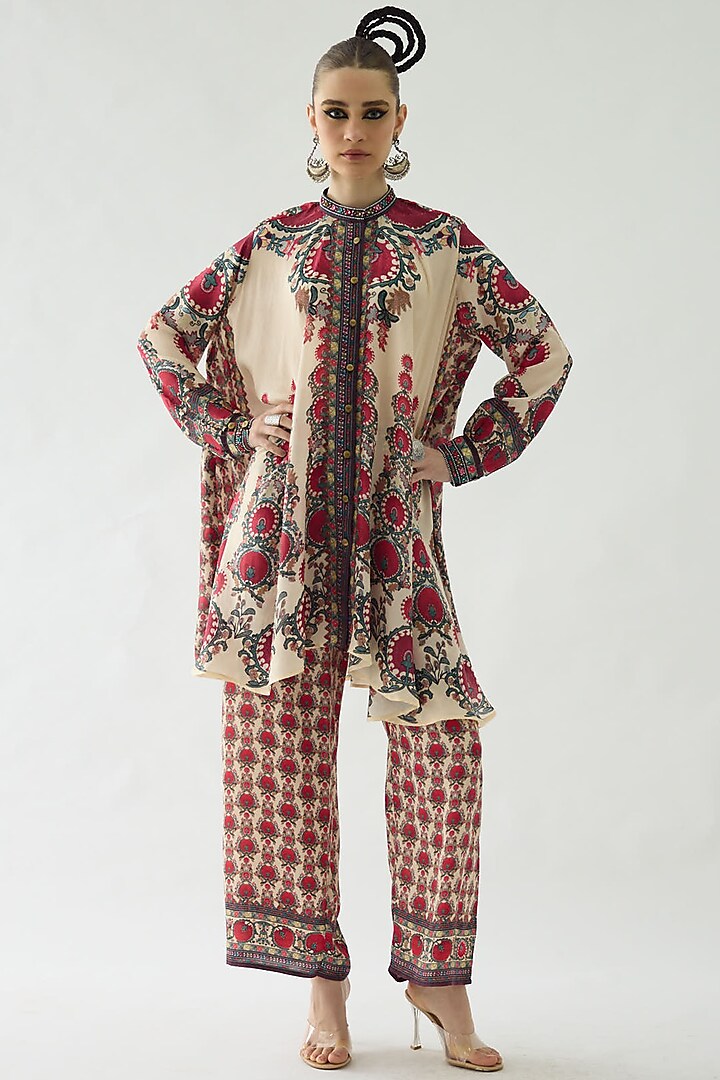 Maroon Silk Printed Tunic Set by Rajdeep Ranawat