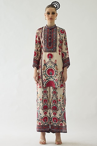 Maroon Silk Printed High-Low Tunic Set by Rajdeep Ranawat