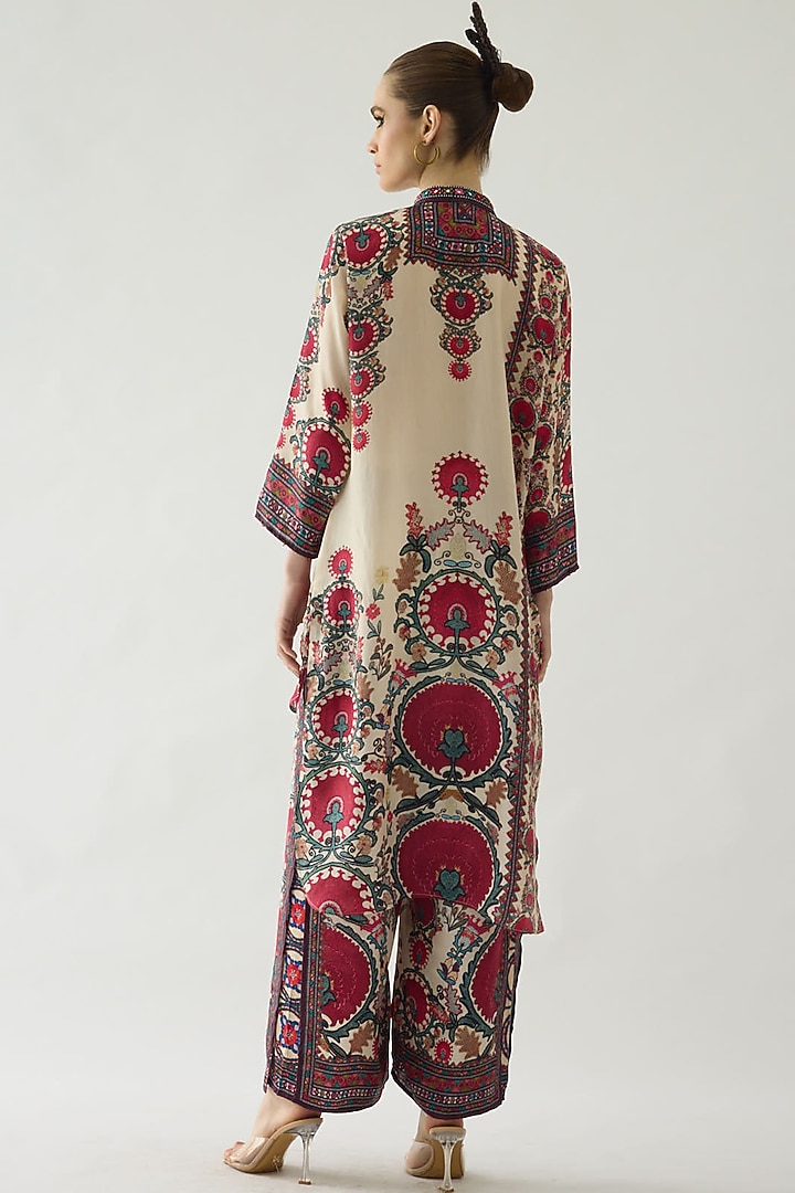 Maroon Silk Printed High-Low Tunic Set by Rajdeep Ranawat at Pernia's Pop Up Shop