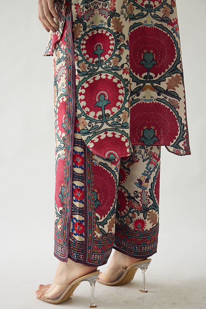 Maroon Silk Printed High-Low Tunic Set by Rajdeep Ranawat at Pernia's Pop Up Shop