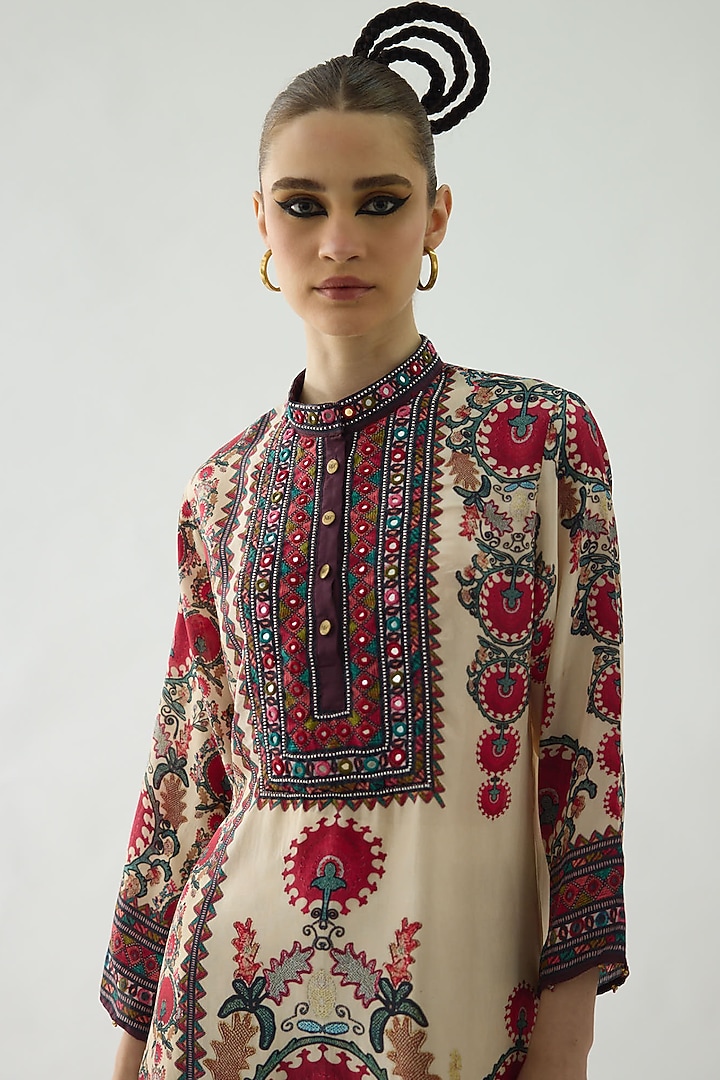 Maroon Silk Printed High-Low Tunic Set by Rajdeep Ranawat at Pernia's Pop Up Shop