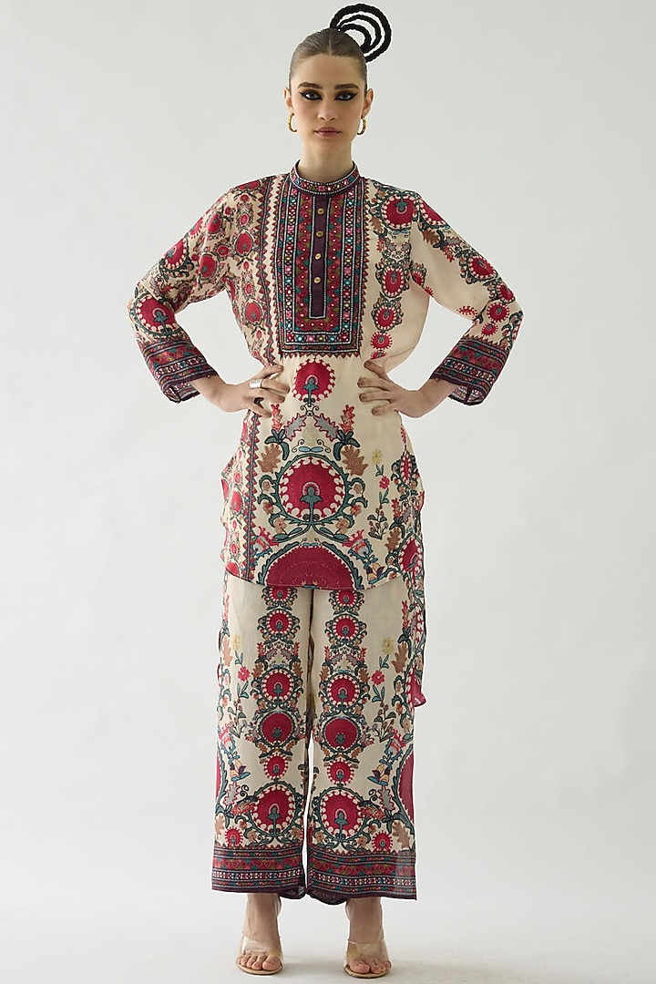 Maroon Silk Printed High-Low Tunic Set by Rajdeep Ranawat at Pernia's Pop Up Shop