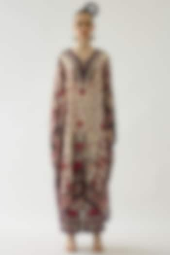 Maroon Silk Printed Kaftan Set by Rajdeep Ranawat