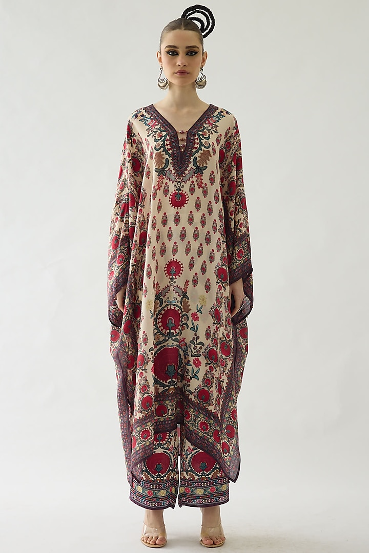 Maroon Silk Printed Kaftan Set by Rajdeep Ranawat