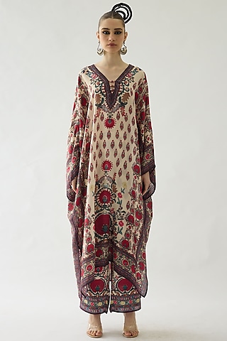 Maroon Silk Printed Kaftan Set by Rajdeep Ranawat