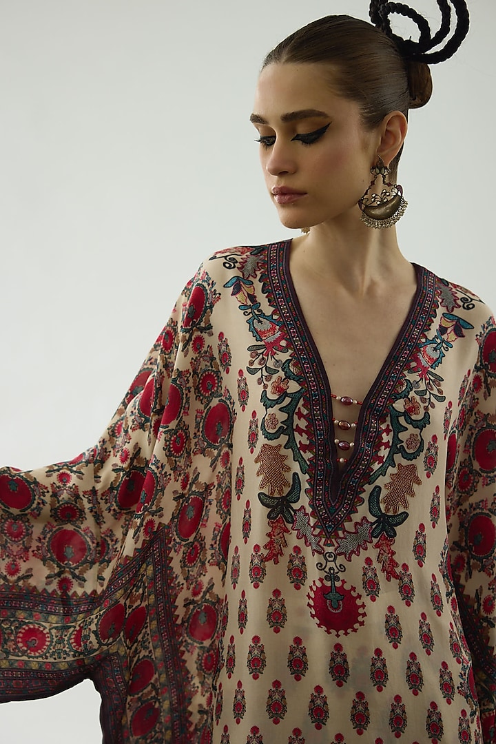 Maroon Silk Printed Kaftan Set by Rajdeep Ranawat at Pernia's Pop Up Shop
