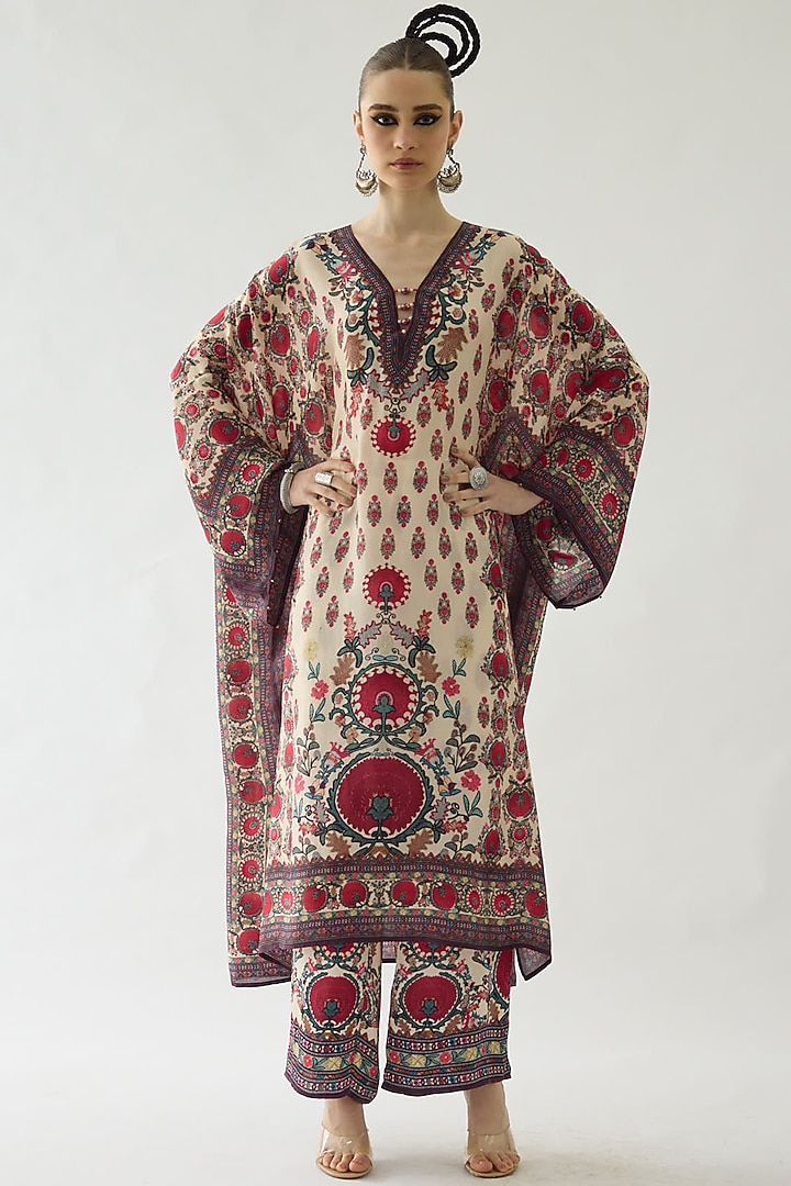 Maroon Silk Printed Kaftan Set by Rajdeep Ranawat at Pernia's Pop Up Shop