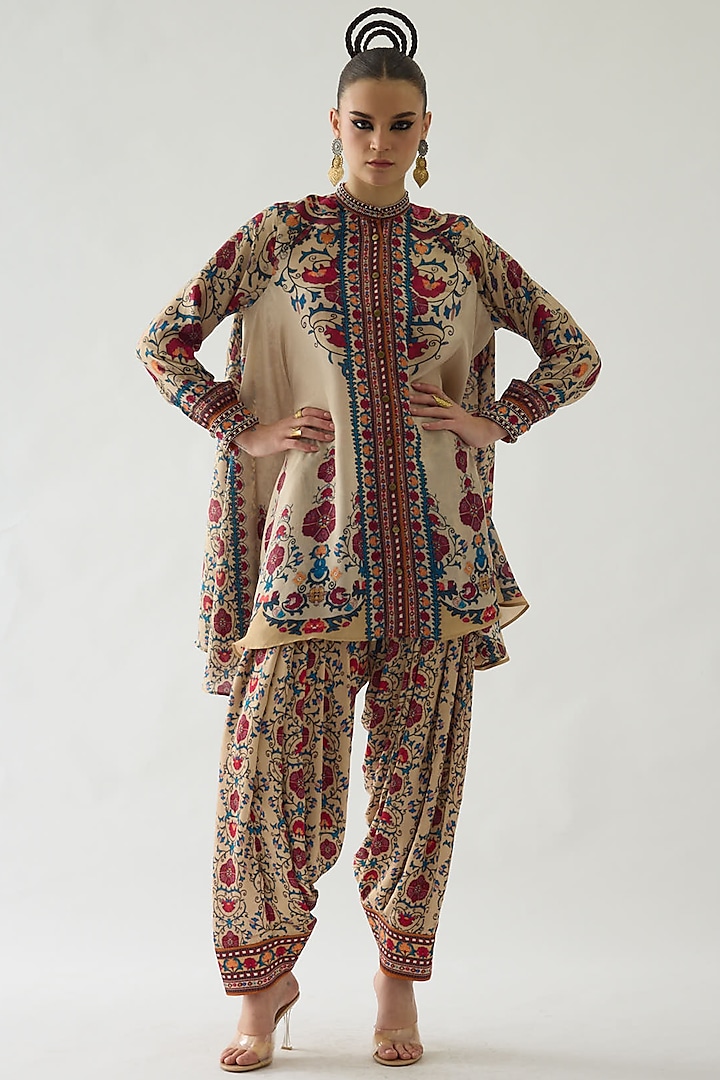 Taupe Silk Printed Pant Set by Rajdeep Ranawat at Pernia's Pop Up Shop