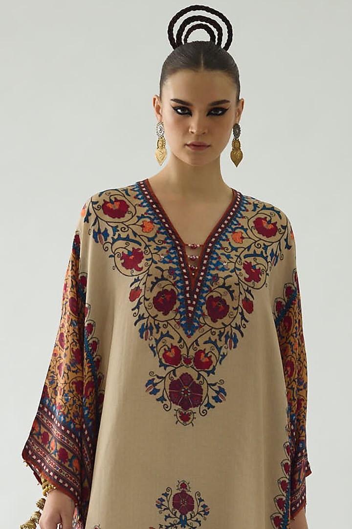Taupe Silk Printed Kaftan by Rajdeep Ranawat at Pernia's Pop Up Shop