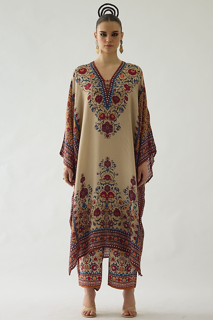 Taupe Silk Printed Kaftan by Rajdeep Ranawat at Pernia's Pop Up Shop