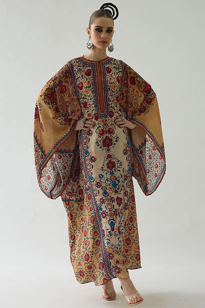 Taupe Silk Printed Kaftan by Rajdeep Ranawat at Pernia's Pop Up Shop