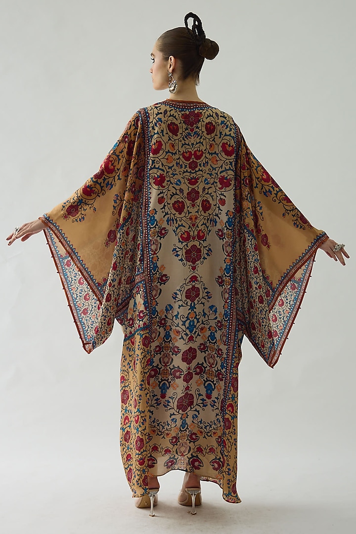 Taupe Silk Printed Kaftan by Rajdeep Ranawat at Pernia's Pop Up Shop