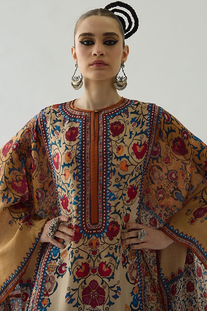 Taupe Silk Printed Kaftan by Rajdeep Ranawat at Pernia's Pop Up Shop