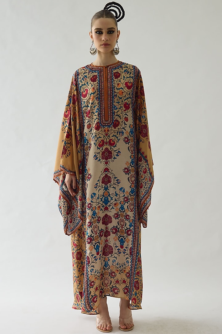 Taupe Silk Printed Kaftan by Rajdeep Ranawat at Pernia's Pop Up Shop