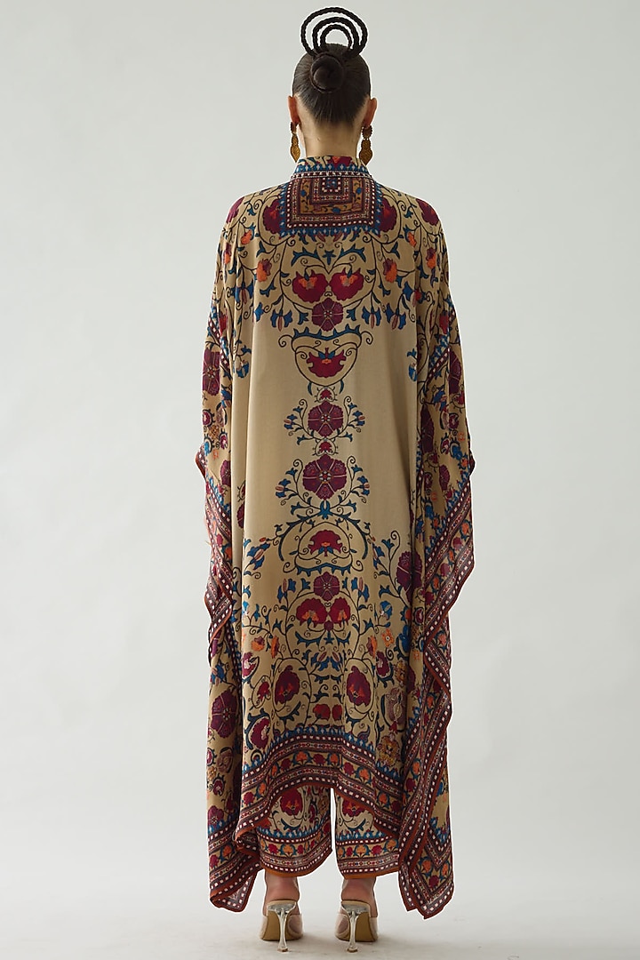 Taupe Silk Printed Kaftan Set by Rajdeep Ranawat at Pernia's Pop Up Shop