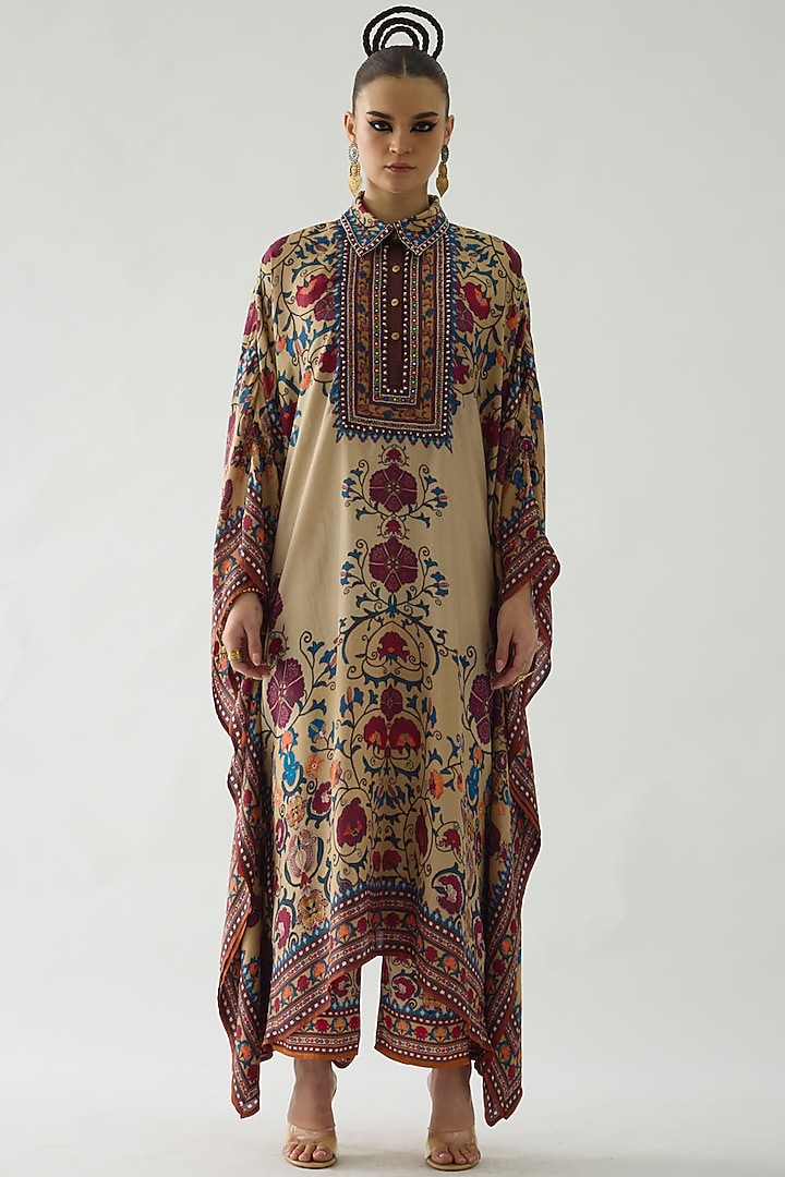 Taupe Silk Printed Kaftan Set by Rajdeep Ranawat at Pernia's Pop Up Shop