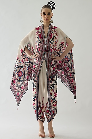 Raspberry Pink Silk Printed Cape Set by Rajdeep Ranawat