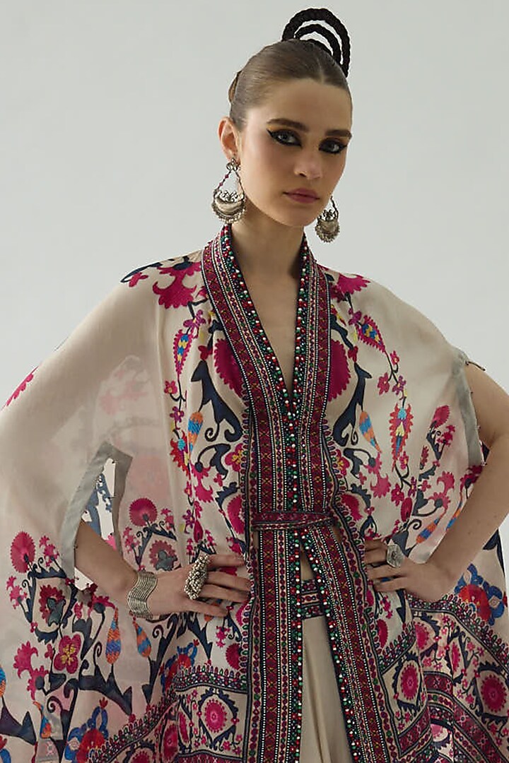 Raspberry Pink Silk Printed Cape Set by Rajdeep Ranawat at Pernia's Pop Up Shop