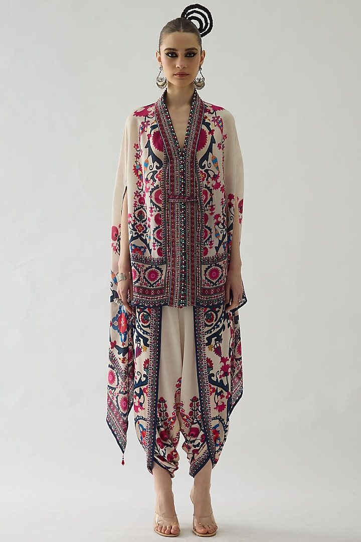 Raspberry Pink Silk Printed Cape Set by Rajdeep Ranawat at Pernia's Pop Up Shop