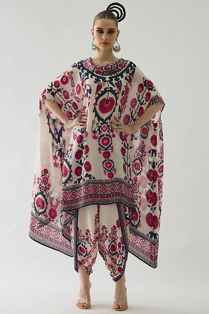 Raspberry Pink Silk Printed Draped Tunic Set by Rajdeep Ranawat at Pernia's Pop Up Shop