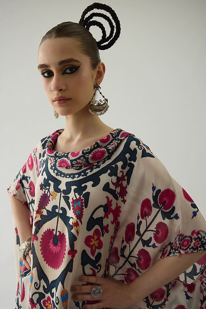 Raspberry Pink Silk Printed Draped Tunic Set by Rajdeep Ranawat at Pernia's Pop Up Shop