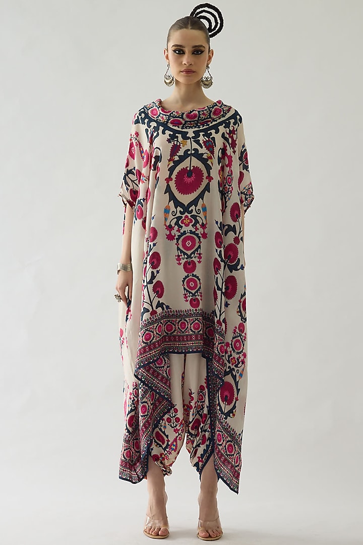 Raspberry Pink Silk Printed Draped Tunic Set by Rajdeep Ranawat at Pernia's Pop Up Shop