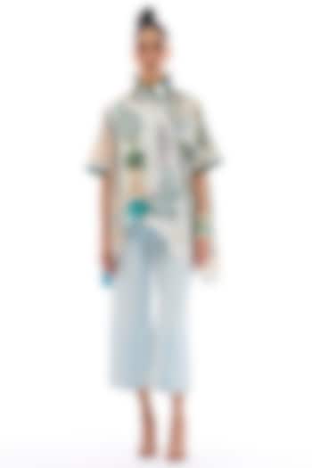 Ivory & Ocean Blue Cotton Poplin Printed Asymmetric Shirt by Rajdeep Ranawat at Pernia's Pop Up Shop