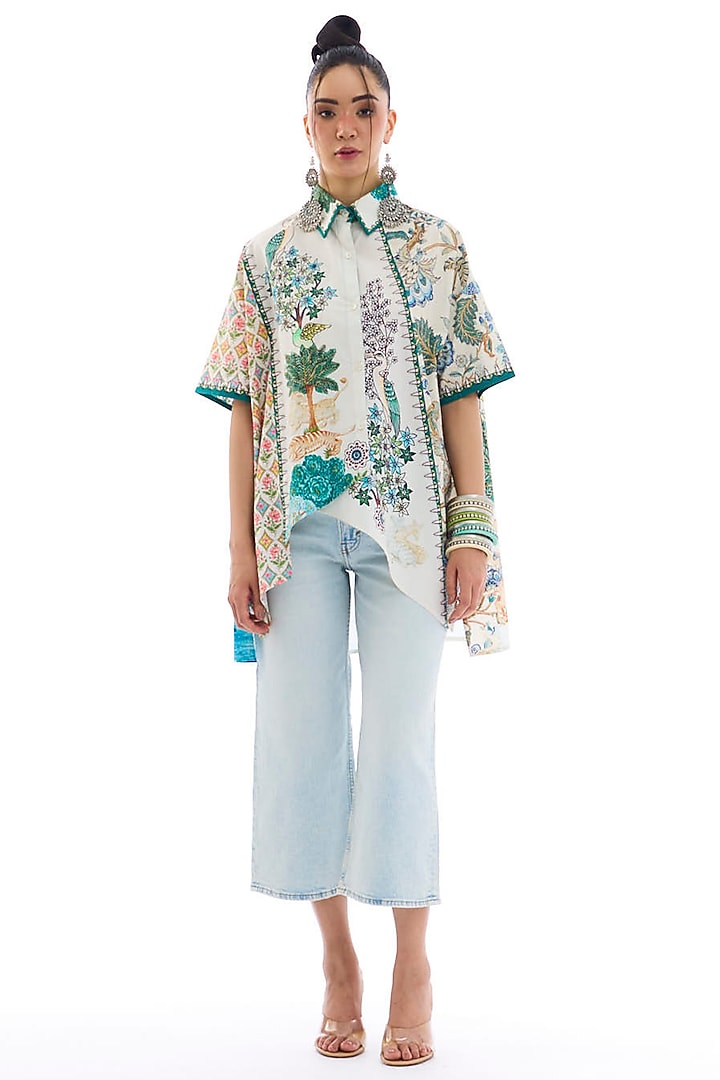 Ivory & Ocean Blue Cotton Poplin Printed Asymmetric Shirt by Rajdeep Ranawat at Pernia's Pop Up Shop
