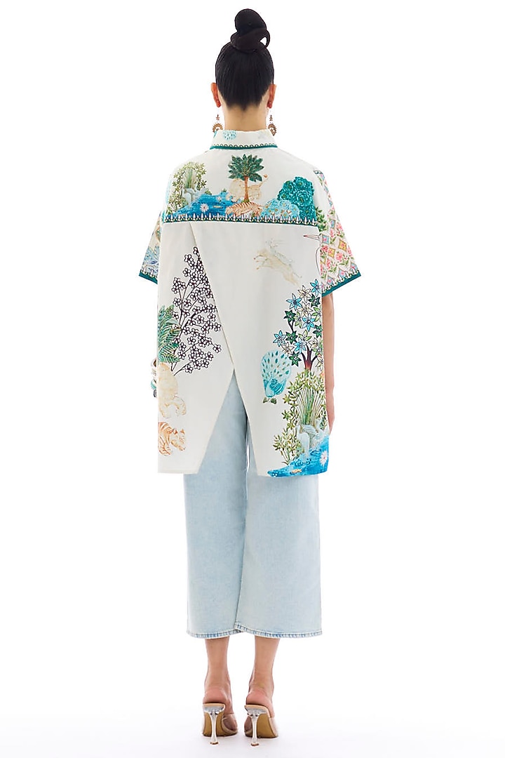 Ivory & Ocean Blue Cotton Poplin Printed Asymmetric Shirt by Rajdeep Ranawat at Pernia's Pop Up Shop