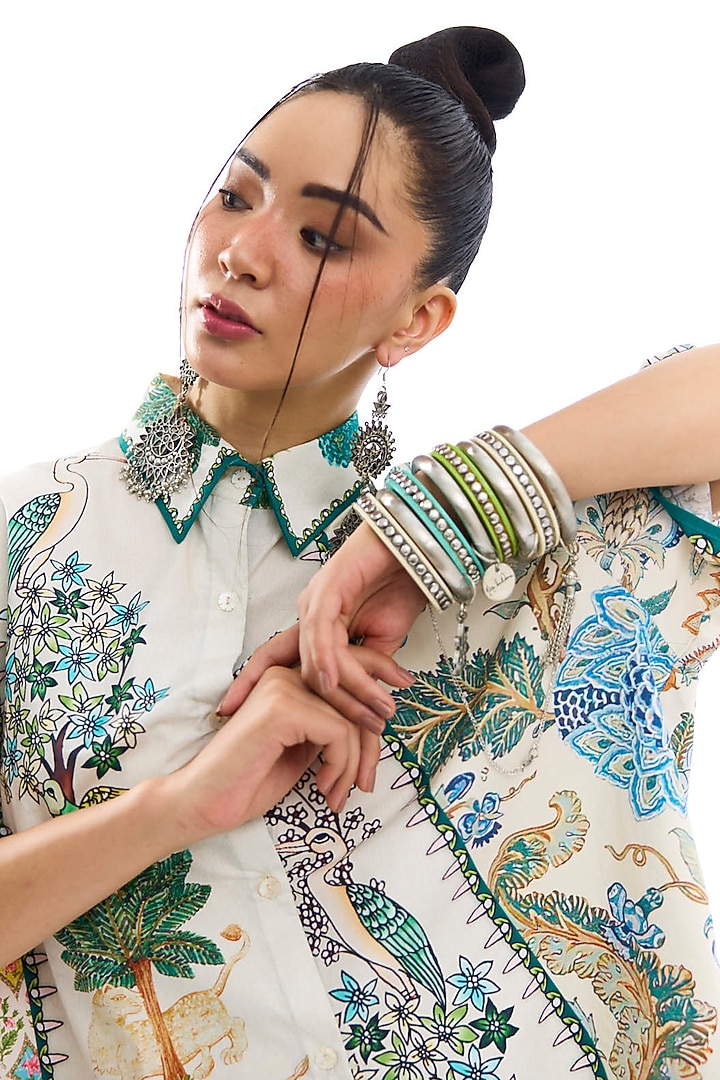 Ivory & Ocean Blue Cotton Poplin Printed Asymmetric Shirt by Rajdeep Ranawat at Pernia's Pop Up Shop