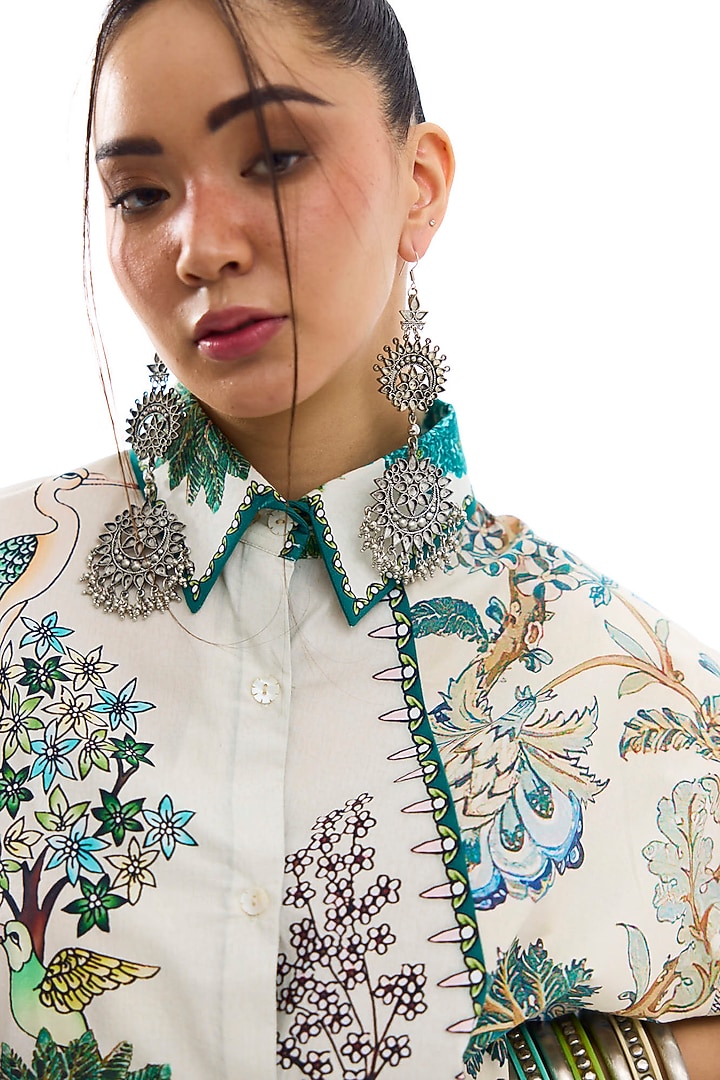 Ivory & Ocean Blue Cotton Poplin Printed Asymmetric Shirt by Rajdeep Ranawat at Pernia's Pop Up Shop