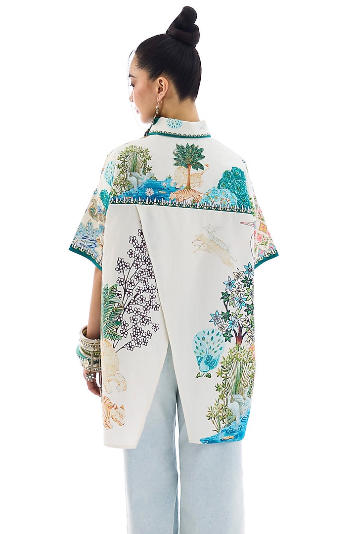 Ivory & Ocean Blue Cotton Poplin Printed Asymmetric Shirt by Rajdeep Ranawat at Pernia's Pop Up Shop