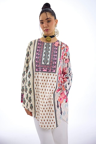 Ivory & Pink Cotton Poplin Printed Asymmetric Tunic by Rajdeep Ranawat
