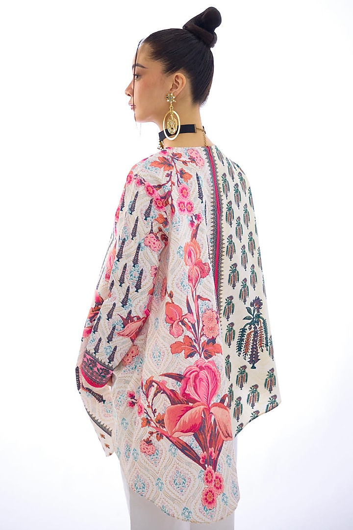 Ivory & Pink Cotton Poplin Printed Asymmetric Tunic by Rajdeep Ranawat at Pernia's Pop Up Shop