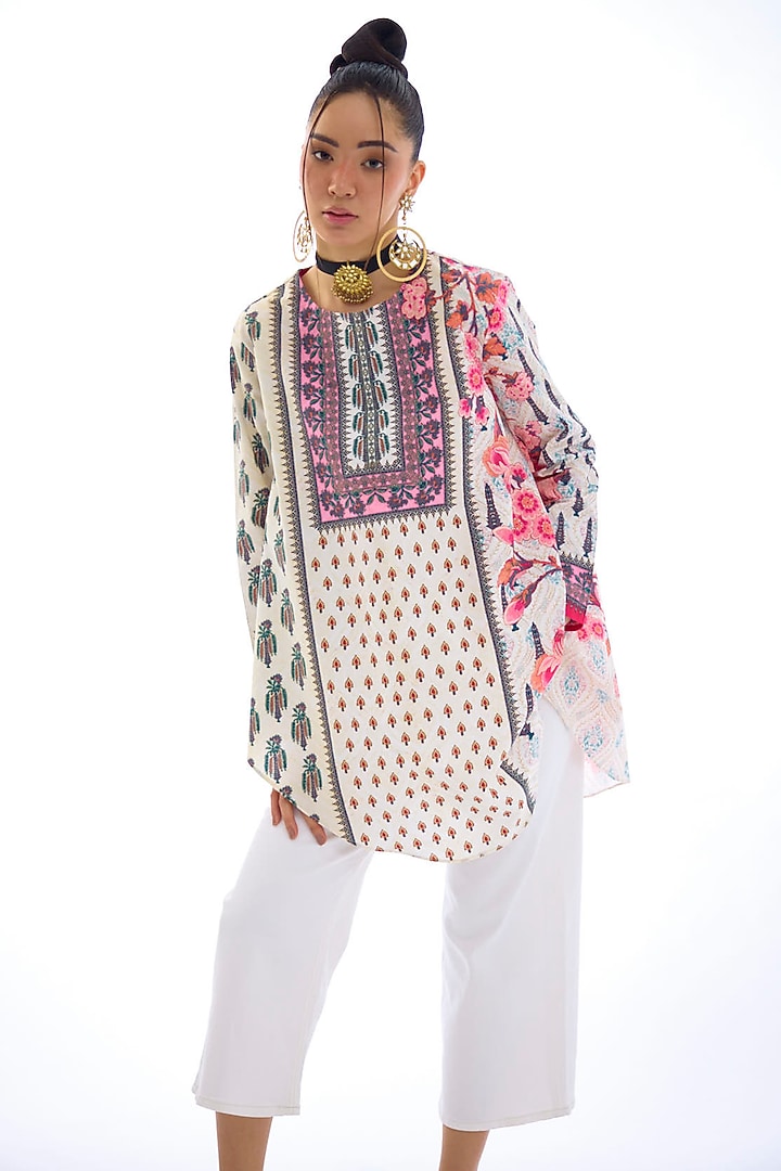 Ivory & Pink Cotton Poplin Printed Asymmetric Tunic by Rajdeep Ranawat at Pernia's Pop Up Shop