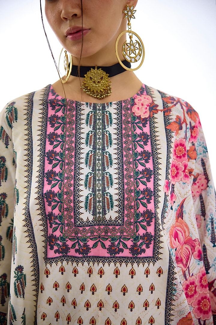 Ivory & Pink Cotton Poplin Printed Asymmetric Tunic by Rajdeep Ranawat at Pernia's Pop Up Shop
