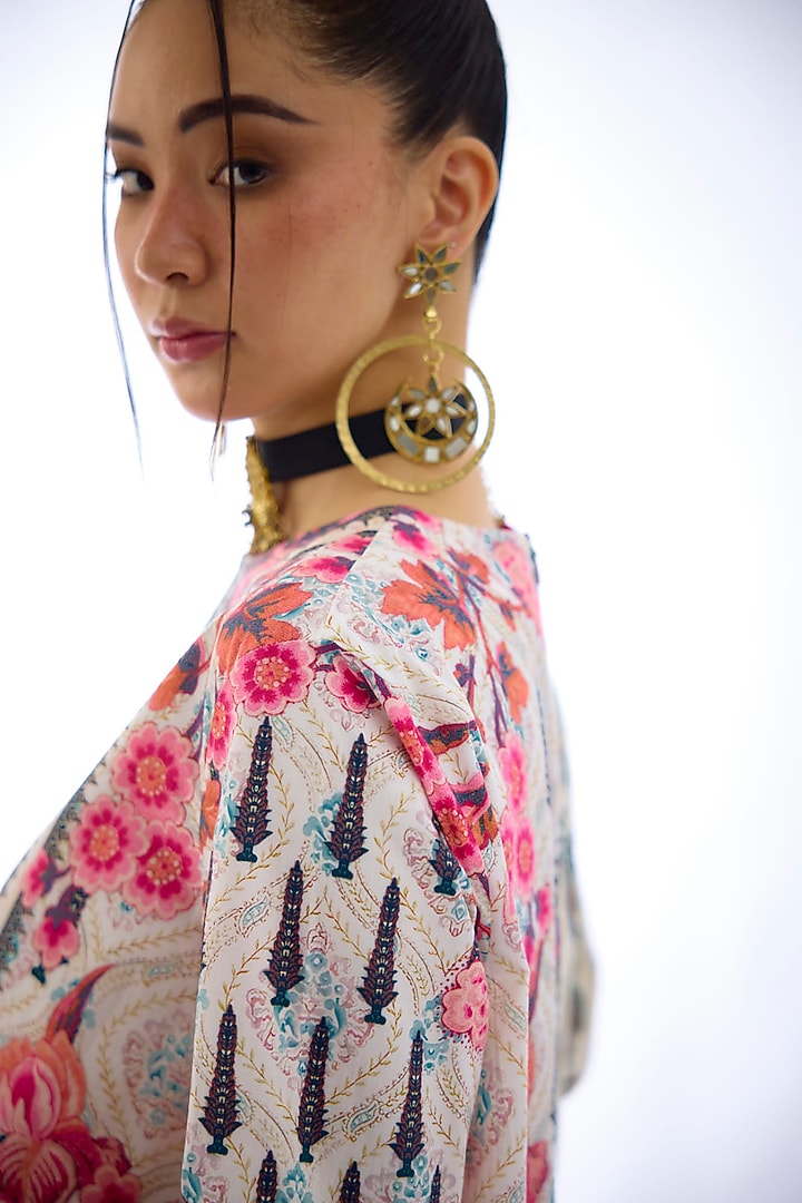 Ivory & Pink Cotton Poplin Printed Asymmetric Tunic by Rajdeep Ranawat at Pernia's Pop Up Shop