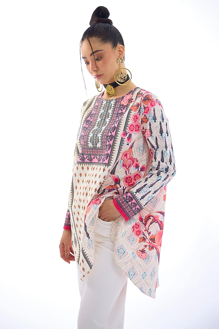 Ivory & Pink Cotton Poplin Printed Asymmetric Tunic by Rajdeep Ranawat at Pernia's Pop Up Shop