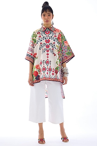 Ivory & Red Cotton Poplin Printed High-Low Tunic by Rajdeep Ranawat