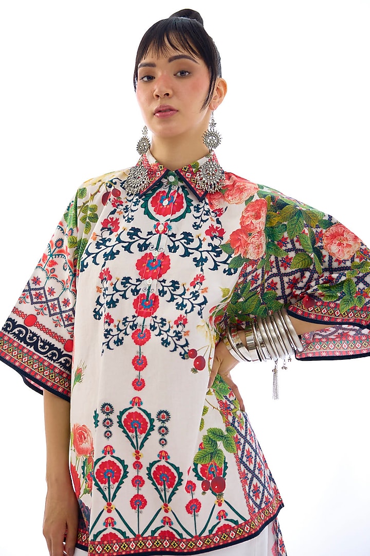 Ivory & Red Cotton Poplin Printed High-Low Tunic by Rajdeep Ranawat at Pernia's Pop Up Shop