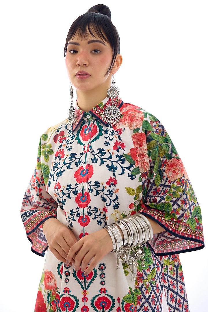 Ivory & Red Cotton Poplin Printed High-Low Tunic by Rajdeep Ranawat at Pernia's Pop Up Shop
