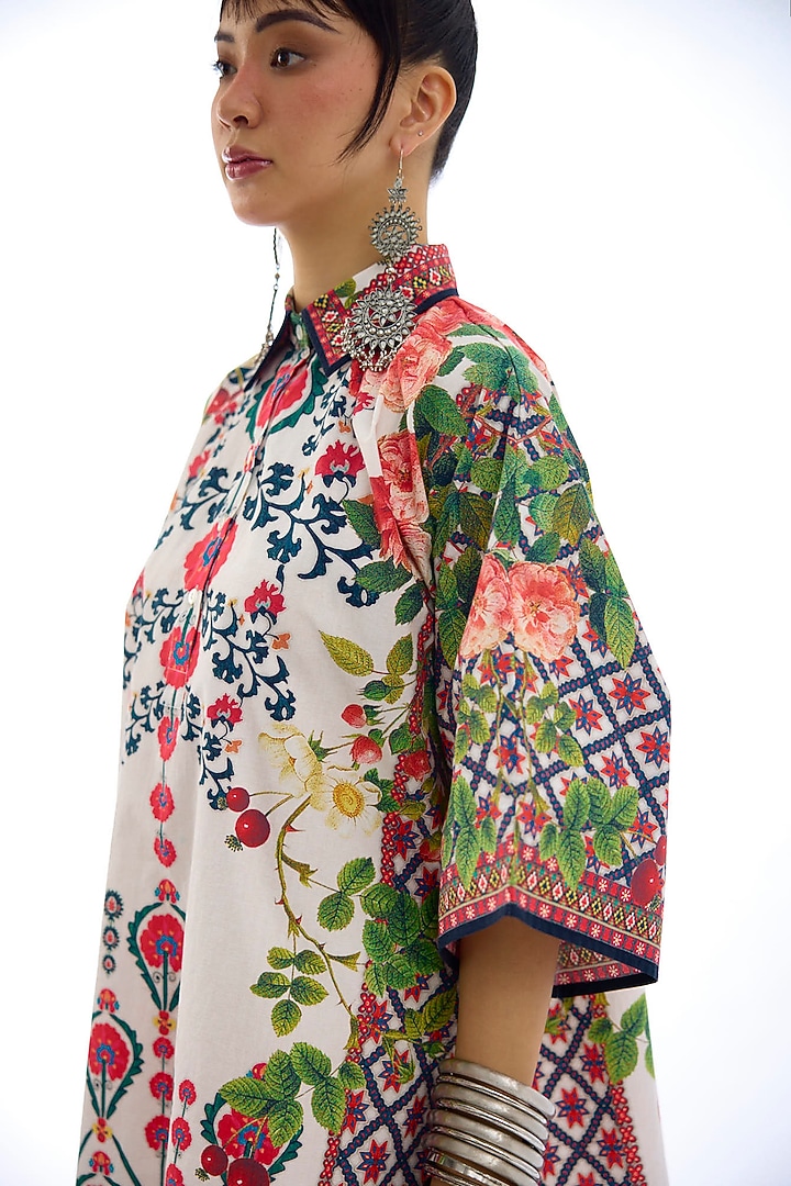 Ivory & Red Cotton Poplin Printed High-Low Tunic by Rajdeep Ranawat at Pernia's Pop Up Shop