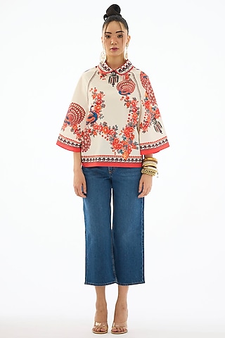 Beige & Red Cotton Poplin Printed Tunic by Rajdeep Ranawat