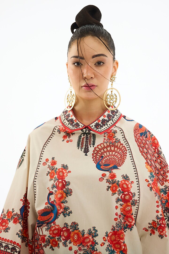 Beige & Red Cotton Poplin Printed Tunic by Rajdeep Ranawat at Pernia's Pop Up Shop