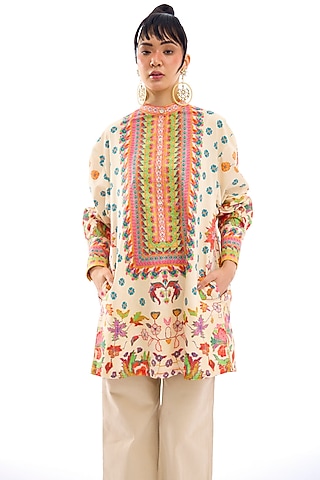 Beige Cotton Poplin Printed Tunic by Rajdeep Ranawat